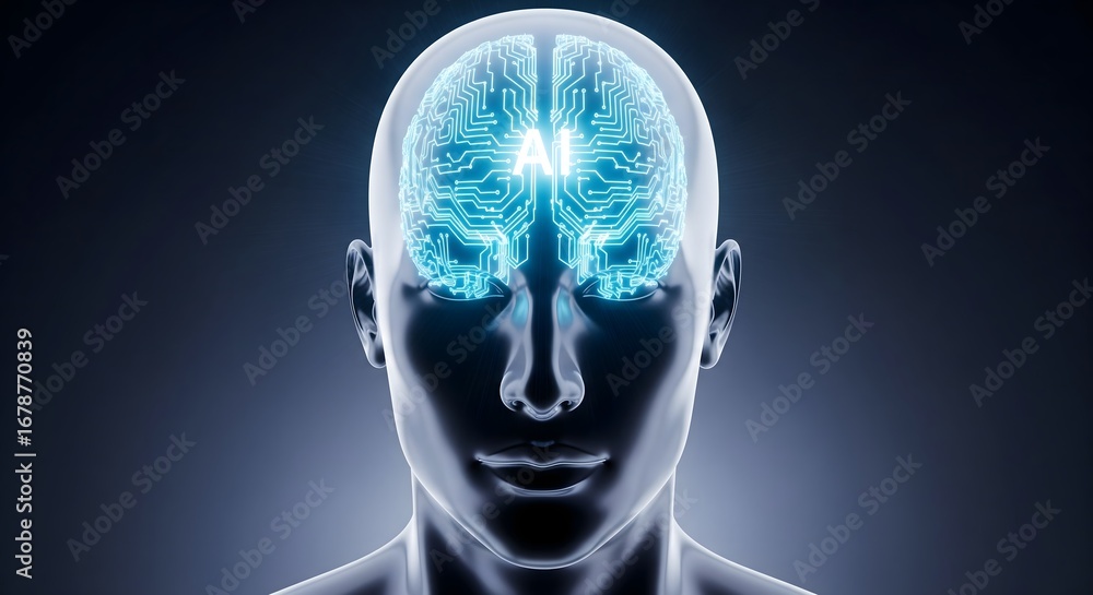Poster conceptual artificial intelligence brain represented by a glowing circuit board in a stylized human 