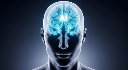 Conceptual artificial intelligence brain represented by a glowing circuit board in a stylized human head on a dark background