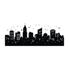 Black silhouette of a city skyline with scattered lights