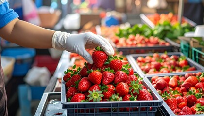 Hand in glove selecting ripe strawberries at an outdoor farmers market stall filled with fresh fruit. Concept for healthy eating, organic farming and summer dessert ingredients