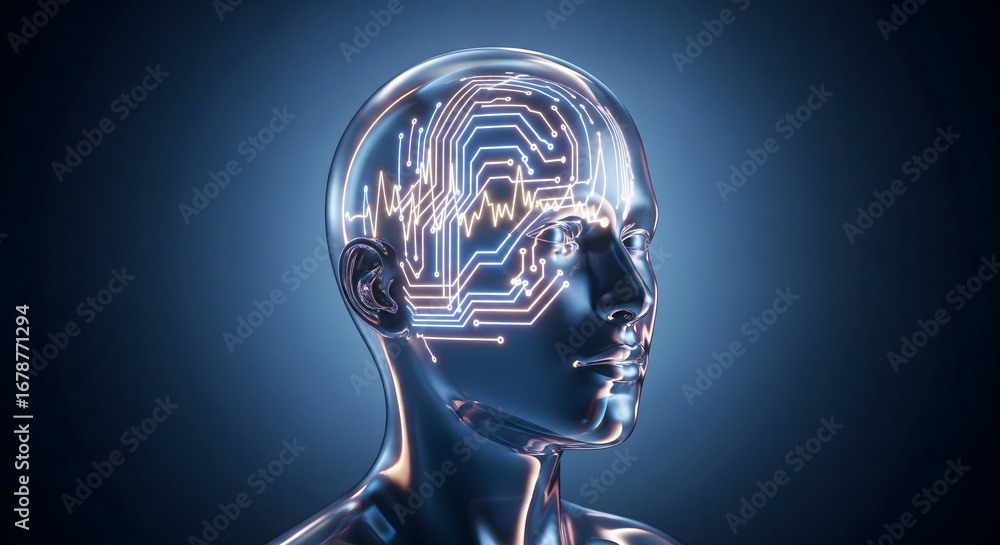 Poster futuristic conceptual human head with glowing neural network and data circuits representing artifici