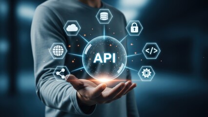 Fototapeta premium A man holding hand up with glowing api sphere surrounded by api icons, application programming interface, api programming