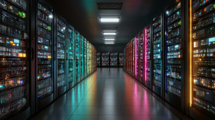 Futuristic server room at data center with technology and advanced networking equipment. long corridor aisle glows with colorful light from racks creating powerful mood