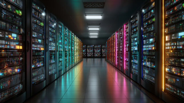 Futuristic server room at data center with technology and advanced networking equipment. long corridor aisle glows with colorful light from racks creating powerful mood