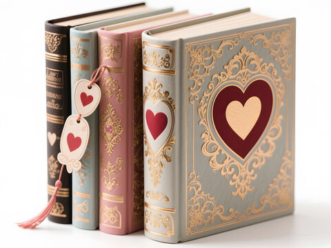 Set of ornate vintage books in pastel and rich tones with golden heart designs and decorative spines in a timeless luxurious style