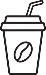 Simple line art icon of a coffee cup with a straw and coffee bean