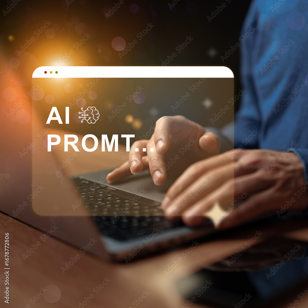 Poster creative process for generating ai prompts using a laptop in a cozy workspace setting at night