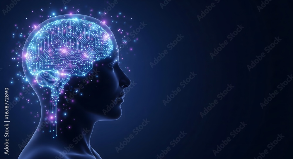 Poster human head silhouette with glowing digital brain circuits and data particles, conceptualizing artifi