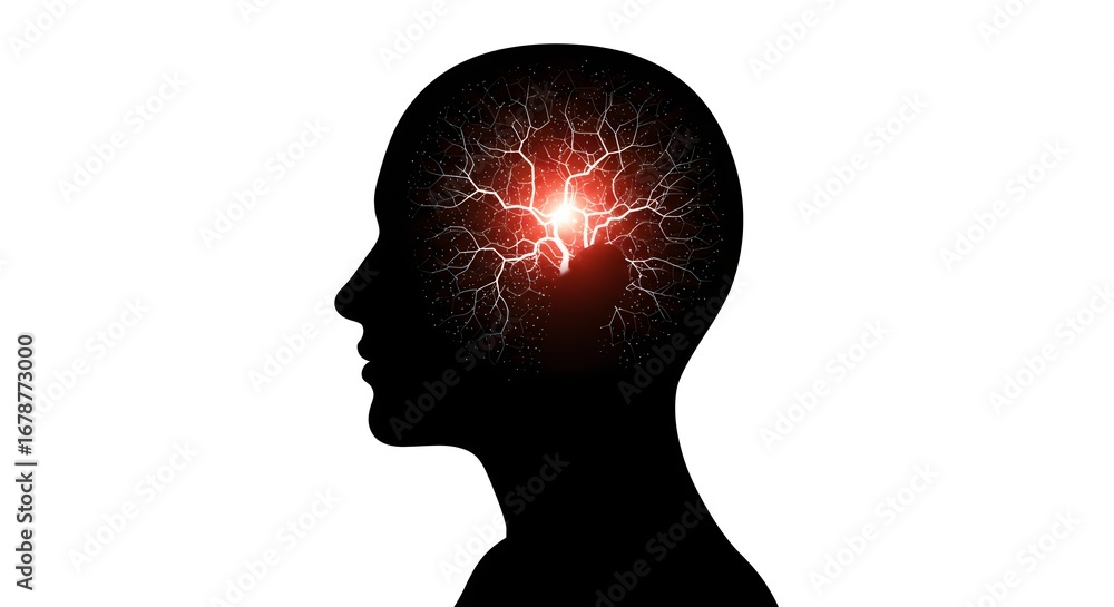Poster conceptual illustration of a human head silhouette with abstract glowing neural activity representin