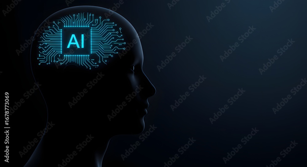Poster human head silhouette with glowing ai circuit board inside representing artificial intelligence and 