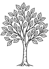 Black and white vector illustration of an elegant tree with leaves, perfect for engraving, prints, tattoos, and creative projects