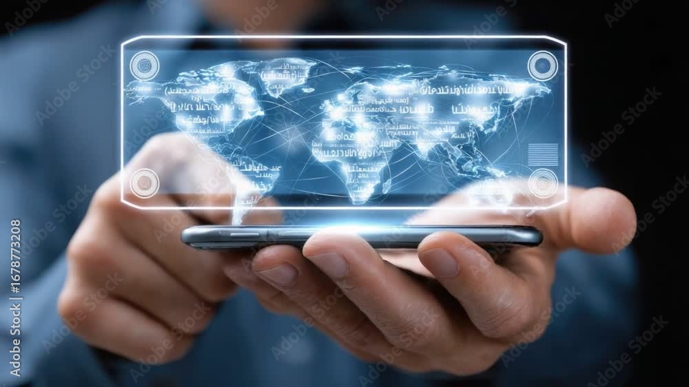 Poster a person uses a transparent smartphone displaying a holographic world map, symbolizing advanced tech