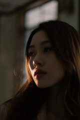 Fototapeta premium Profile portrait of a woman in soft light with long hair and elegant attire conveying warmth.