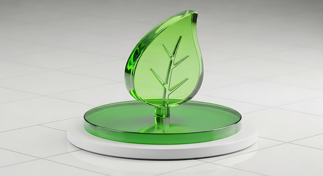 3D render of a translucent leaf icon, lime tone, stand on translucent circular double layered green white podium