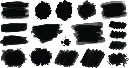 A collection of various black ink brush strokes and splatters on a white background, creating abstract shapes and textures.