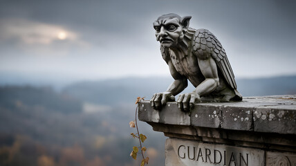 Fototapeta premium Stone gargoyle perched on a building overlooking a misty valley