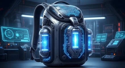Futuristic backpack with glowing blue elements in a high tech environment showing advanced technology