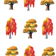 seamless pattern of autumn trees, birch with red and poplar with yellow leaves on white background. watercolor hand painted illustration