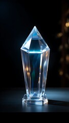 A clear faceted crystal trophy with a luminous blue glow against a dark background