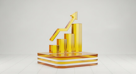 3D render of a translucent yellow bar chart icon with rising arrow