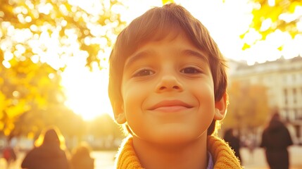Fototapeta premium Happy Boy Smiling in Autumn Sunlight Portrait
