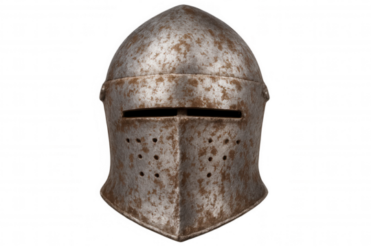 Close-up of an aged medieval helmet with visible signs of wear and tear, isolated on a transparent background