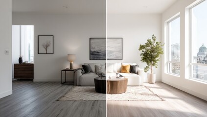 Fototapeta premium Modern living room with split-toned lighting