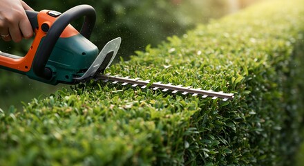 Close-up of a gardener's hand using an electric hedge trimmer to shape a lush green boxwood hedge.