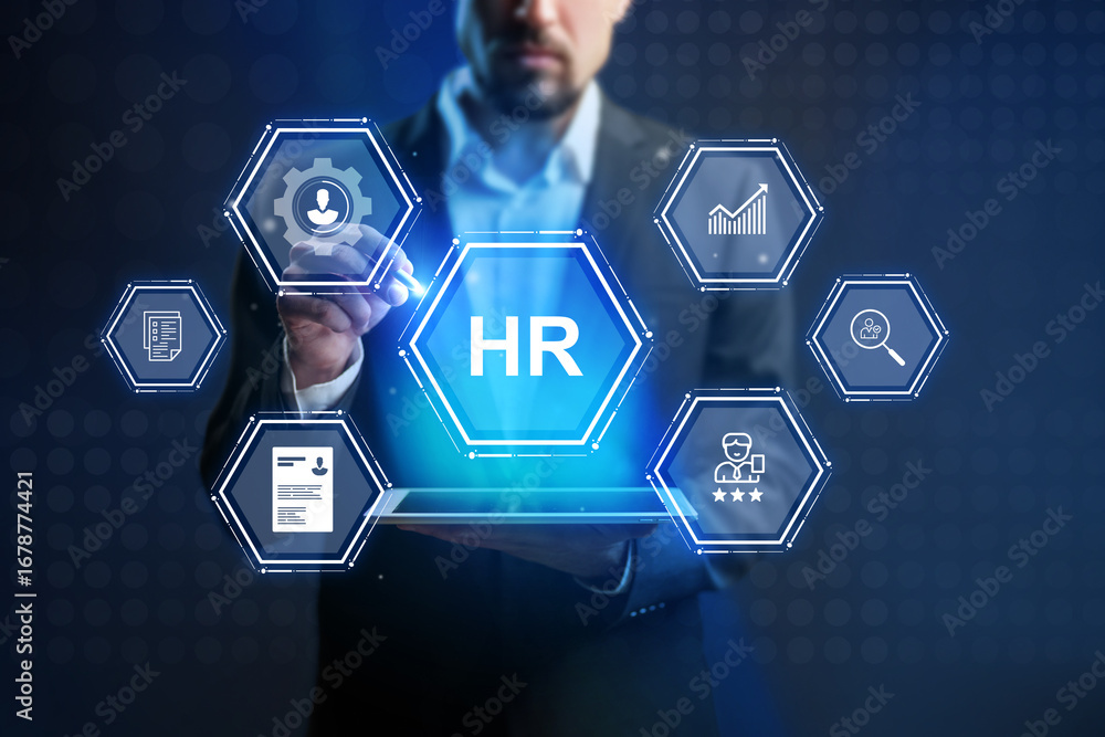 Poster man interacting with human resources digital interface while focusing on employee management and dat