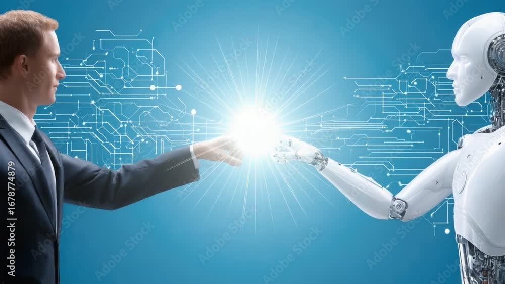 Poster a human and a robot reaching out to each other, symbolizing the intersection of technology and human