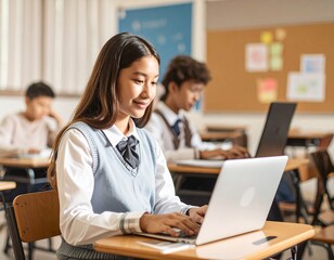 American Girl learning on a school with a laptop in a modest classroom