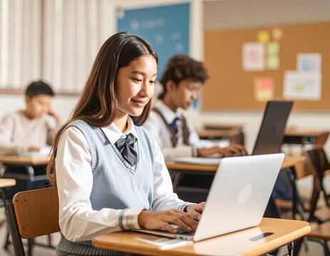 American Girl learning on a school with a laptop in a modest classroom