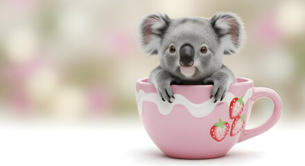 Obraz premium Adorable Baby Koala Peeking from a Pink Strawberry Teacup, Cute Animal Portrait