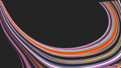 Colorful curved light trails on black background, featuring vibrant neon lines in motion, creating dynamic and futuristic abstract design with sense of speed and energy