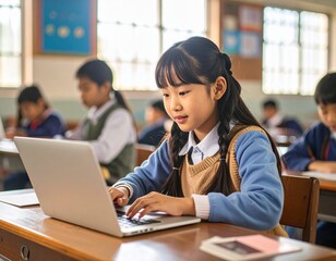 Asian Girl typing on a laptop in a modest classroom
