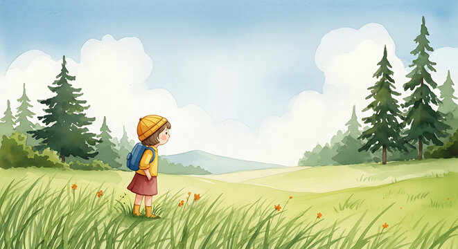 kid watercolor image style; nature with grass, trees, sky