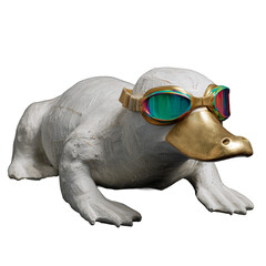 White platypus figurine with golden beak and iridescent reflective goggles isolated on white background