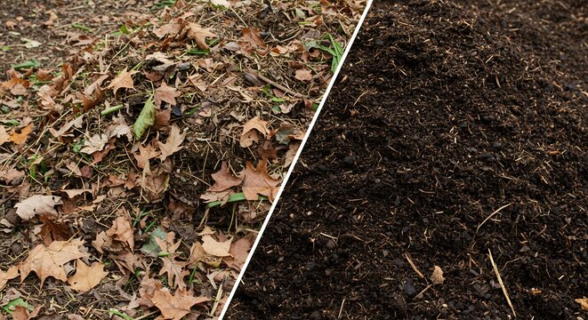 Split image showing a pile of dry leaves and organic matter on the left, contrasted with dark, rich compost on the right, illustrating the decomposition process.