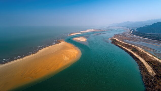 Aerial view of a river delta, sandy shoals, and coastline - Powered by Adobe