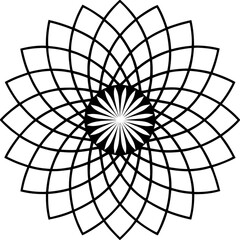 Obraz premium Minimilist geometric flower design with radiating petals and a central rosette in black and white pattern design vector