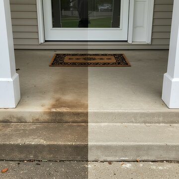Before and after comparison of a dirty concrete porch and steps next to a clean, power-washed section, highlighting effective outdoor cleaning.