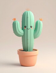 Cute isometric 3D icon of a pastel mint orange cactus with subtle smiling features