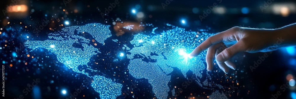 Poster digital world connection concept with human hand touching a virtual map of the global network