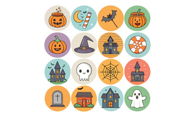 Cute Halloween Icons with Pumpkins, Ghosts, and Haunted Houses