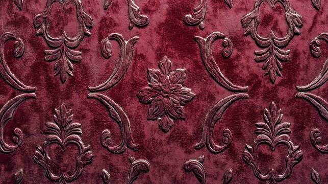 A close-up shot of a deep burgundy velvet fabric featuring an ornate, scrolling damask pattern. The pattern is embossed with a raised, metallic silver design