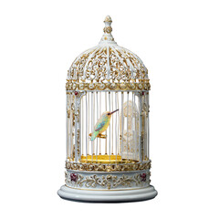 Ornate white and gold birdcage with intricate floral patterns housing a vibrant colorful bird perched on a golden stand
