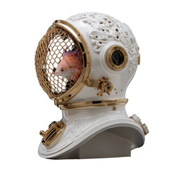 Ornate vintage diving helmet with gold details enclosing a vibrant tropical fish behind the front mesh visor