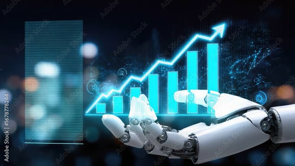 Aufkleber a futuristic robotic hand displays a rising bar graph, symbolizing the integration of technology and