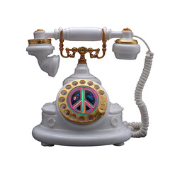 Vintage white rotary telephone with gold accents and colorful peace symbol dial featuring ornate floral base details