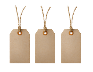 Set of three blank brown tag labels with string, isolated on a transparent background, PNG